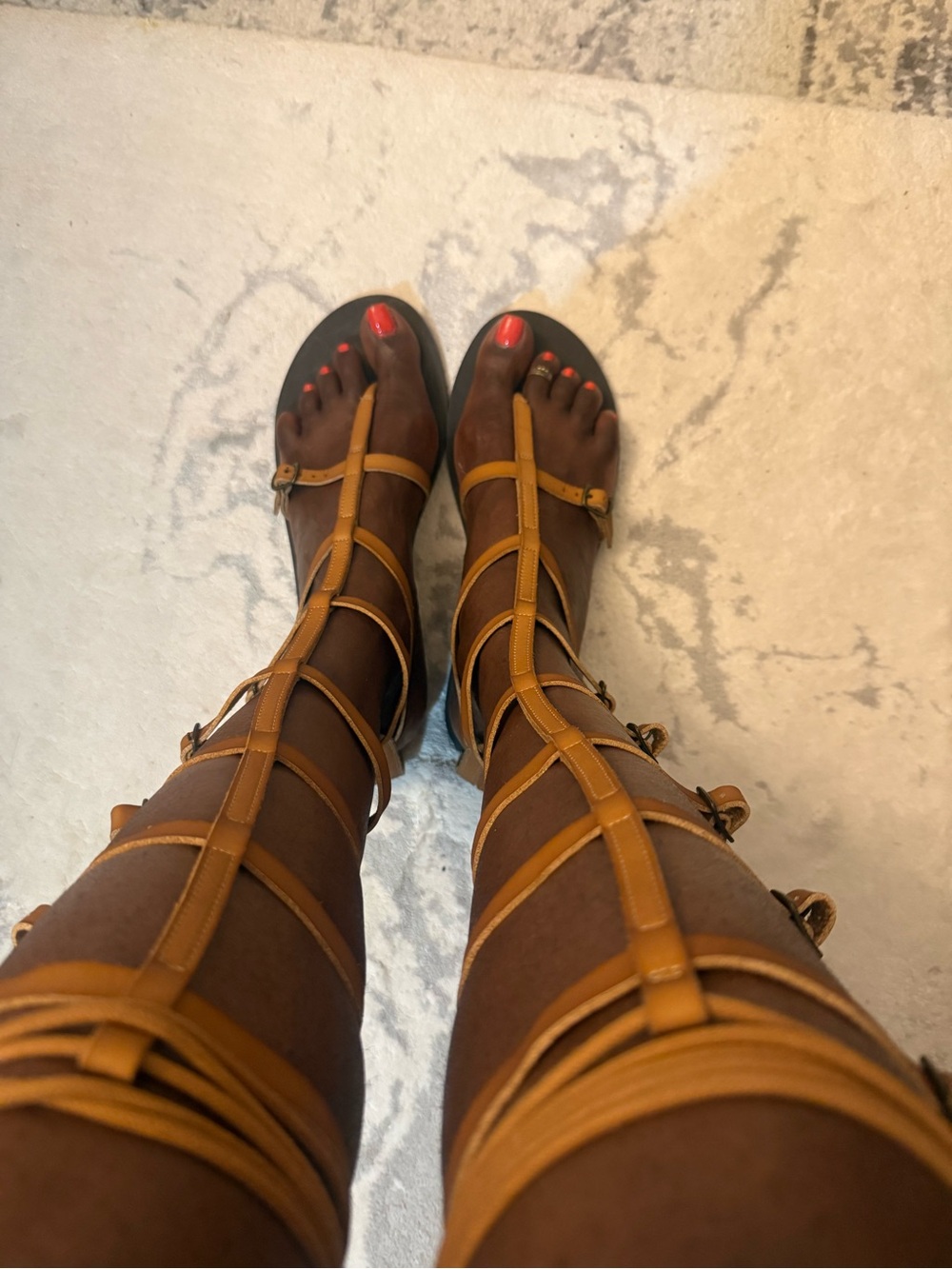 Strappy Gladiator Knee-High Sandals in Tan